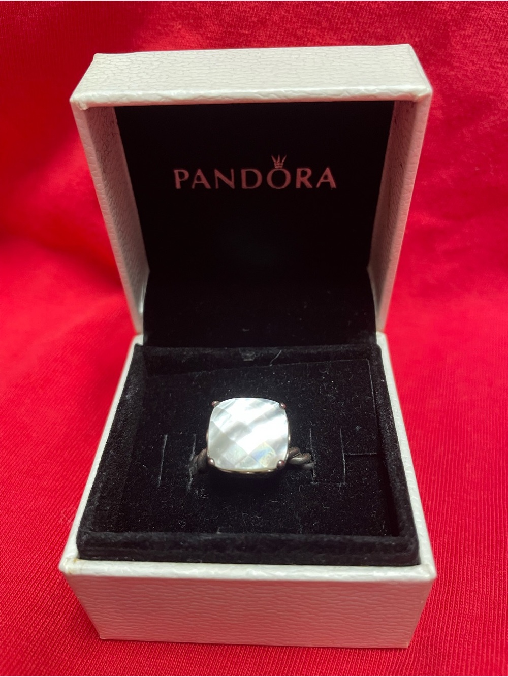 Pandora Silver Ring with White Mother-of-Pearl Cushion Stone 6
